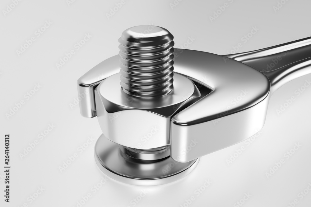 Wrench with bolt and nut on white background. 3d rendering - obrazy, fototapety, plakaty 