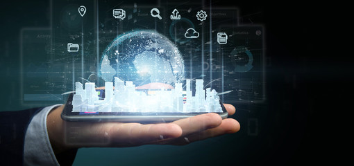 Poster - Businessman holding Smart city user interface with icon, stats and data 3d rendering