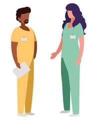 Poster - interracial couple medicine workers with uniform characters