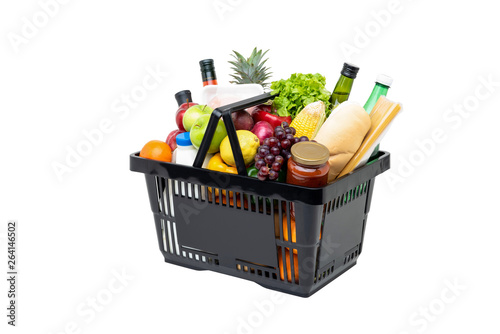 Cuadros en Lienzo Black plastic grocery basket full of healthy fruits, vegetables and ingredients