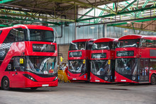 Typical London Buses Parked At Garage In East London