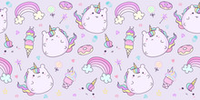 Cute Unicorn Pattern Seamless Horizontal In Pastel Color. Kawaii Unicorn Background For Kid