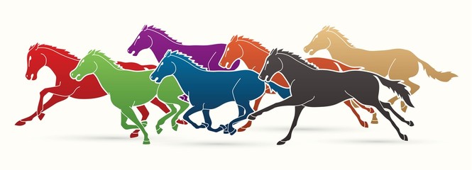 Wall Mural - 7 Horses running cartoon graphic vector