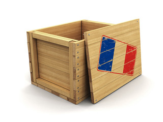 Sticker - Wooden crate with stamp French flag. Image with clipping path