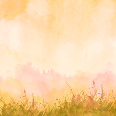 Sticker - watercolor illustration. Vintage wild grass, flowers, plants, sunset, sky Orange ink, paint. Stylish fashionable card, background, pattern. Grunge background. Country landscape