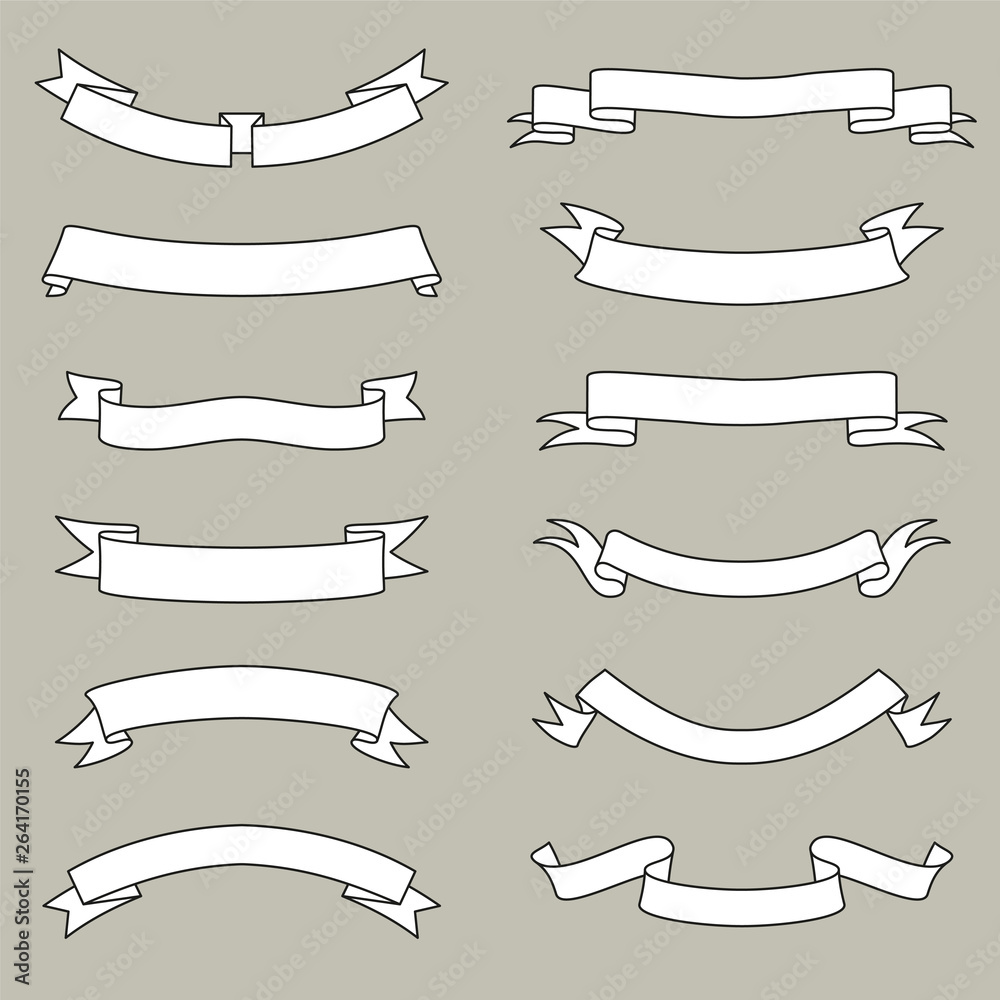 Ribbon thin line icon set. Outline sign kit of text banner. Decorative ...
