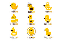 Duck Logo Set, Design Elements With Yellow Toy Rubber Duck For Your Own Design Vector Illustrations On A White Background