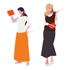 Poster - female teachers couple with textbooks characters