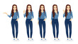 Young woman with long hair in casual denim shirt and jeans set different gestures isolated vector iilustration
