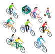 Isometric people bike. Man woman riding bikes outdoor, bicyclists. Active family biking. Cyclist bicycle 3d vector isolated set. Illustration of cyclist isometric, sport woman and man riding
