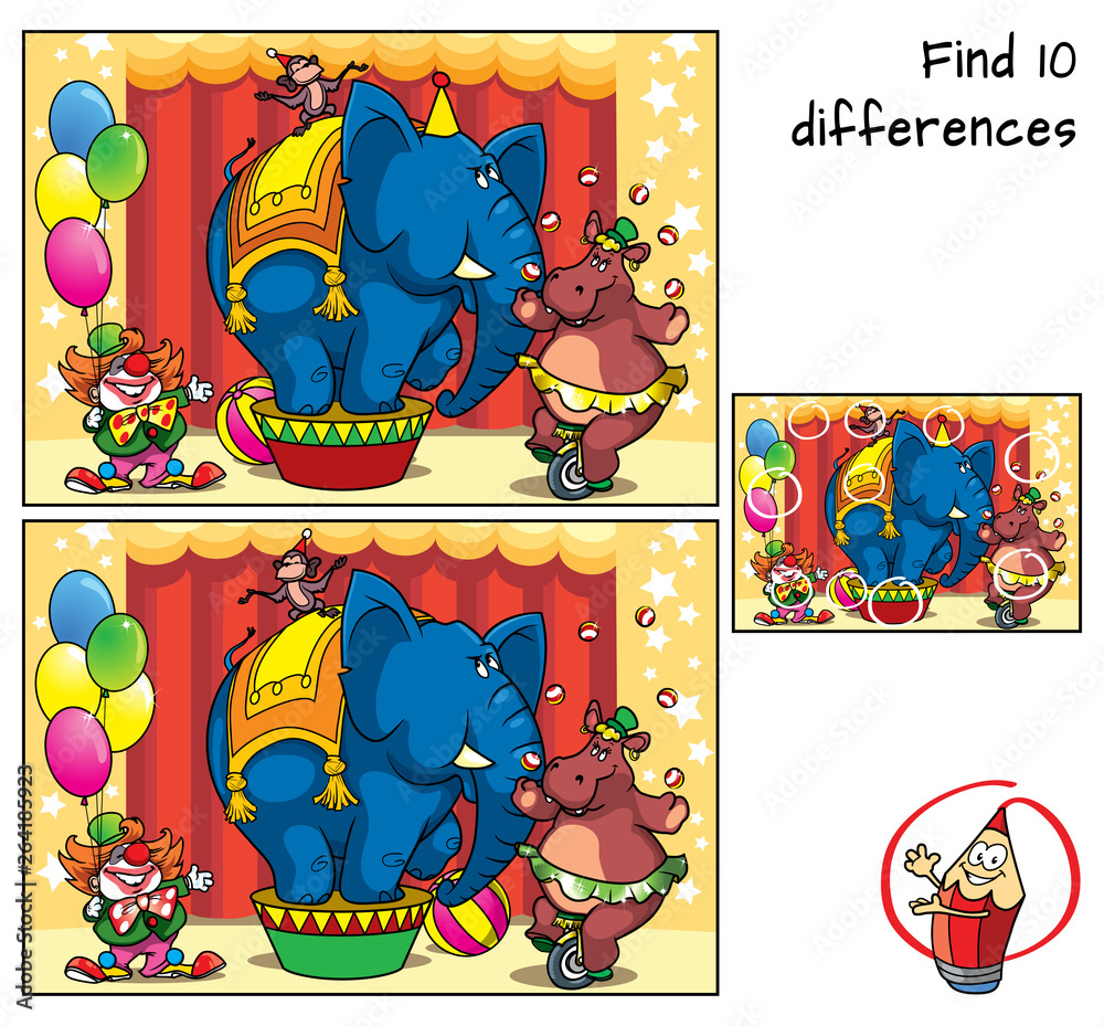 Circus show with an elephant, monkey, hippo on bicycle, and clown. Find ...