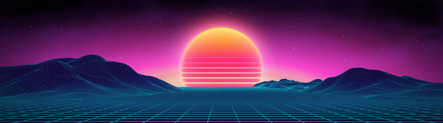 Wall Mural - retro background futuristic landscape 1980s style. digital retro landscape cyber surface. 80s party 