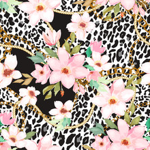 Seamless Pattern With Gold Chain, Animal Leopard Elements And Flowers. Vector Illustration