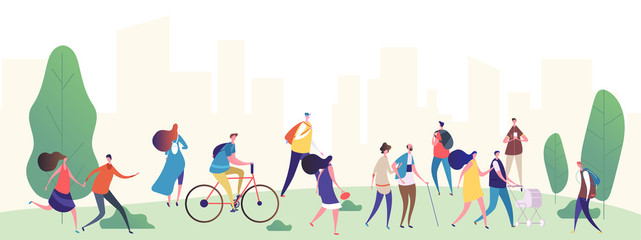 Wall Mural - People walk in the city park vector illustration. Park city with, people, summer walking and ride by bicycle