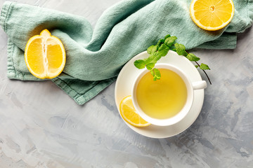 Poster - An overhead photo of a cup of green tea with lemons and mint leaves, with a place for text