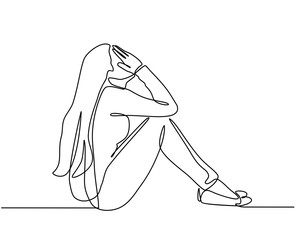 Poster - Continuous line drawings of young woman feeling sad, tired and worried about suffering from depression in mental health. problems, failures and concepts of heartbreak
