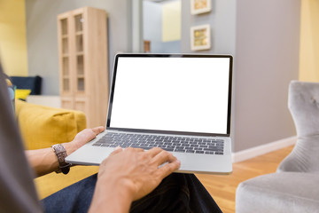Wall Mural - Mockup image of a businessman using laptop with blank white desktop screen working in home- Image