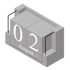 August 2nd date on a single day calendar. Gray wood block calendar present date 2 and month August isolated on white background. Holiday. Season. Vector isometric illustration