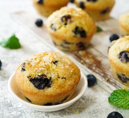 Wall Mural - Homemade Lemon Blueberry Muffins with sugar topping, selective focus