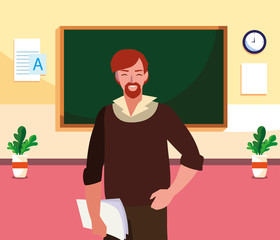 Poster - teacher male with documents in the classroom