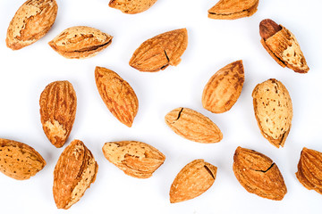 Dry Almonds nuts with shell on white background ,health food.