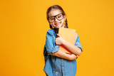 Fototapeta  - funny child school girl girl on yellow background    .