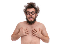 Crazy Bearded Happy Man With Funny Haircut In Eye Glasses. Surprised Or Shocked Silly Naked Guy Screaming And Looking At Camera, Isolated On White Background.