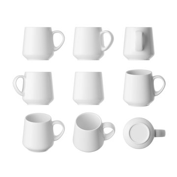 Set tea cup isolated on grey front view. 3D illustration. Parallel perspective.