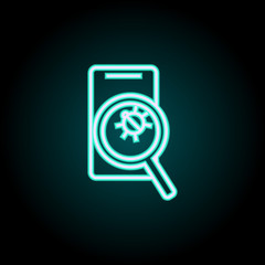 Aufkleber - look for bugs in a smart phone neon icon. Elements of Virus, antivirus set. Simple icon for websites, web design, mobile app, info graphics