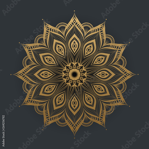 Luxury gold mandala art lace pattern on black background. Vector illustration