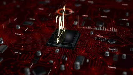 Poster - 3d render animation of ai artificial intelligence in cpu chipset central processor unit and electric
