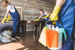 © xartproduction - Cleaning service with professional equipment during work. professional kitchenette cleaning, sofa dry cleaning, window and floor washing. man and women in uniform, overalls and rubber gloves