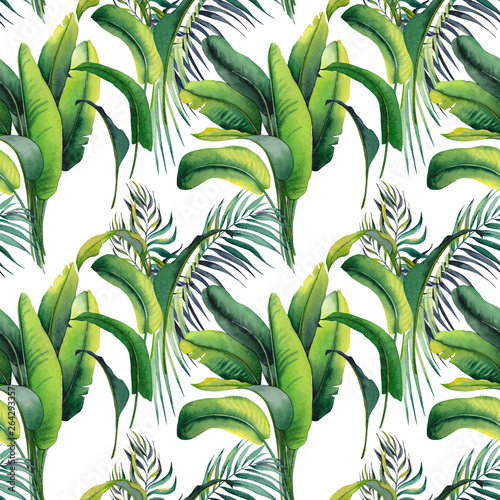 Stoffe zum Nähen Seamless pattern tropical banana and palm leaves. Watercolor illustration on white background.