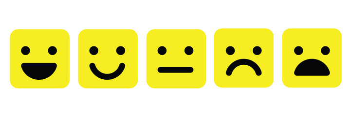 Basic emoticons set in square with rounded corners. Five facial expression of feedback scale - from positive to negative. Simple colored vector icons