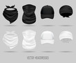 set of white and black head bandanas and cap, neck scarf and buff. realistic vector mock up