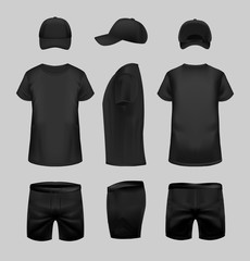 Wall Mural - Black t-shirt, cap and shorts template in three dimentions: front, side and back view.