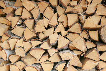 Wall Mural - birch firewood laid in a row.  woodpile texture.  background of chopped firewood 