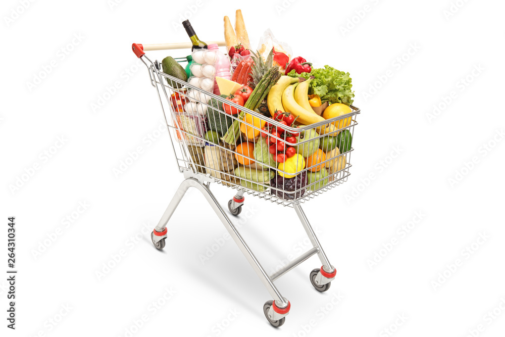 Shopping cart with different food products - obrazy, fototapety, plakaty 