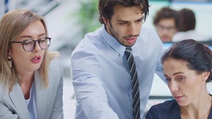 Poster - In Bright Modern Office: Office Worker Sitting and Working at Her Desktop Computer, Discusses Problem Solution with Her Project Manager and Team Leader. Young Businessmen Planning and Problem Solving