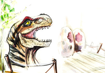 Exhibits Dino Park The head of a predatory dinosaur tyrannosaur and two pink dinosaur eggs. Hand-drawn watercolor sketch illustration. Postcard template.