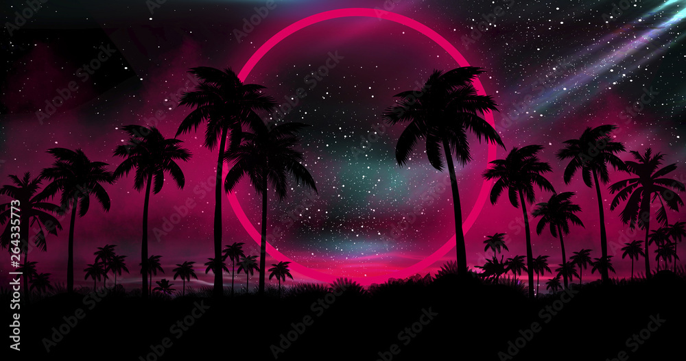 Night landscape with palm trees, against the backdrop of a neon sunset, stars. Silhouette coconut palm trees on beach at sunset. Vintage tone. Space futuristic landscape. Neon palm tree - obrazy, fototapety, plakaty 