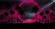 Night landscape with palm trees, against the backdrop of a neon sunset, stars. Silhouette coconut palm trees on beach at sunset. Vintage tone. Space futuristic landscape. Neon palm tree