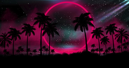 Wall Mural - Night landscape with palm trees, against the backdrop of a neon sunset, stars. Silhouette coconut palm trees on beach at sunset. Vintage tone. Space futuristic landscape. Neon palm tree