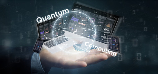 Poster - Businessman holding Quantum computing concept with qubit and devices 3d rendering