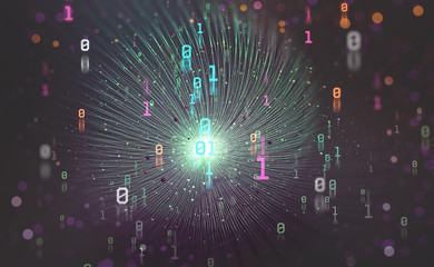 Aufkleber - Digital technologies of the future. Unit and zero in binary code. Big data funnel in the global computer universe. 3D illustration with bokeh elements