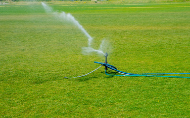 Irrigation turf. Sprinkler watering football field. System working on fresh green grass on football or soccer stadium