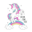 Glitter unicorn on a rainbow for t-shirts. Dream come true text. Design for kids. Fashion illustration drawing in modern style for clothes. Girlish print. Beautiful unicorn.