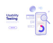 Usability testing the interface and usability of a mobile application on the dark blue background. Landing page concept.
