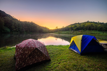 Wall Mural - camping tents in nature background with sunset scenic view at lake and forest pine tree