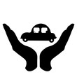 Vector silhouette of a hand in a defensive gesture protecting a car. Symbol of insurance, transportation, protection,